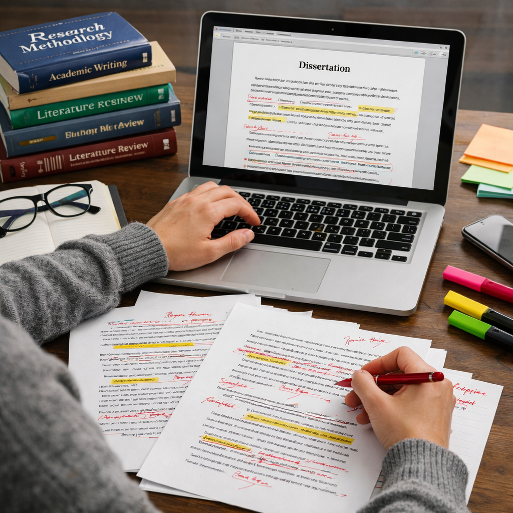 Graduate student working on dissertation research at a desk
